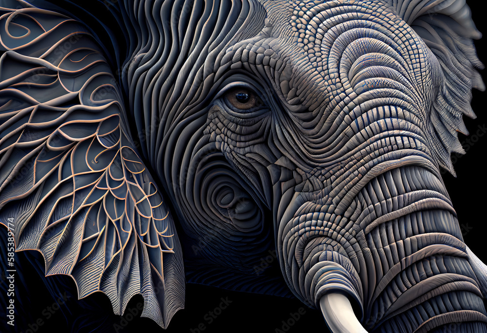 Poster A complex, multi-layered pattern of interlocking shapes that resembles a Elephant's face.  Generative AI technology.
