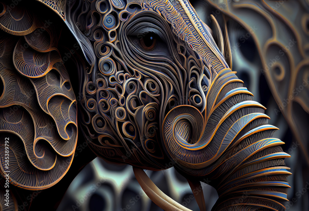 Poster A complex, multi-layered pattern of interlocking shapes that resembles a Elephant's face.  Generative AI technology.
