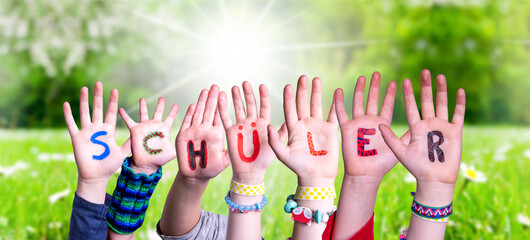 Children Hands Building Word Schueler Means Pupil, Grass Meadow