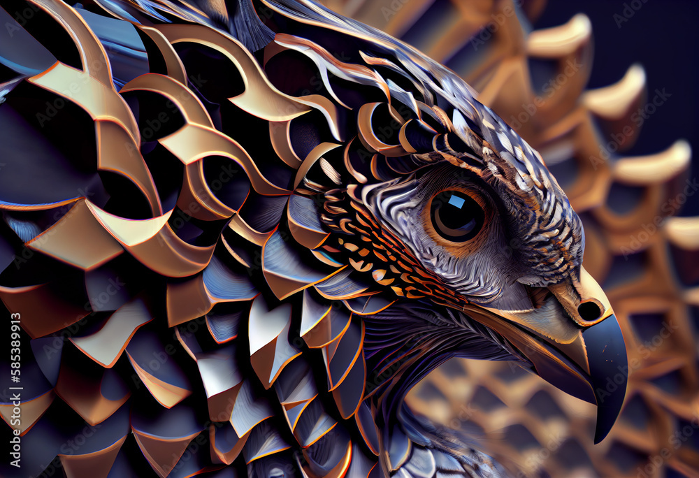 Poster A complex, multi-layered pattern of interlocking shapes that resembles a Falcon  face.  Generative AI technology.
