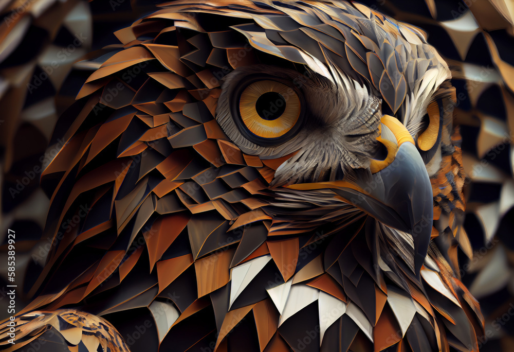 Aufkleber A complex, multi-layered pattern of interlocking shapes that resembles a Falcon  face.  Generative AI technology.
