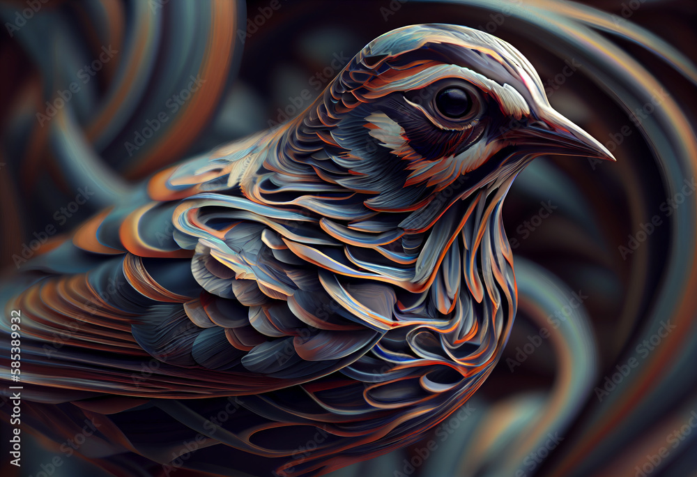Poster A complex, multi-layered pattern of interlocking shapes that resembles a Sparrow face.  Generative AI technology.
