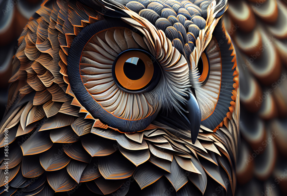 Poster A complex, multi-layered pattern of interlocking shapes that resembles a owl face.  Generative AI technology.
