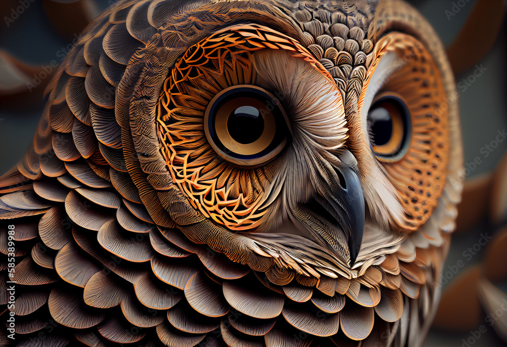 Aufkleber A complex, multi-layered pattern of interlocking shapes that resembles a owl face.  Generative AI technology.
