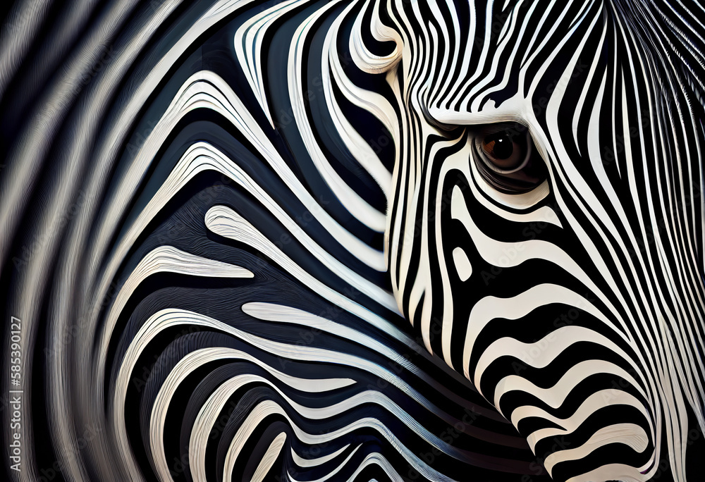 Poster A complex, multi-layered pattern of interlocking shapes that resembles a Zebra  face.  Generative AI technology.
