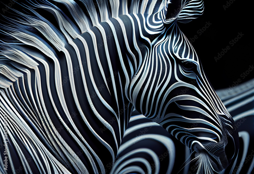 Poster A complex, multi-layered pattern of interlocking shapes that resembles a Zebra  face.  Generative AI technology.

