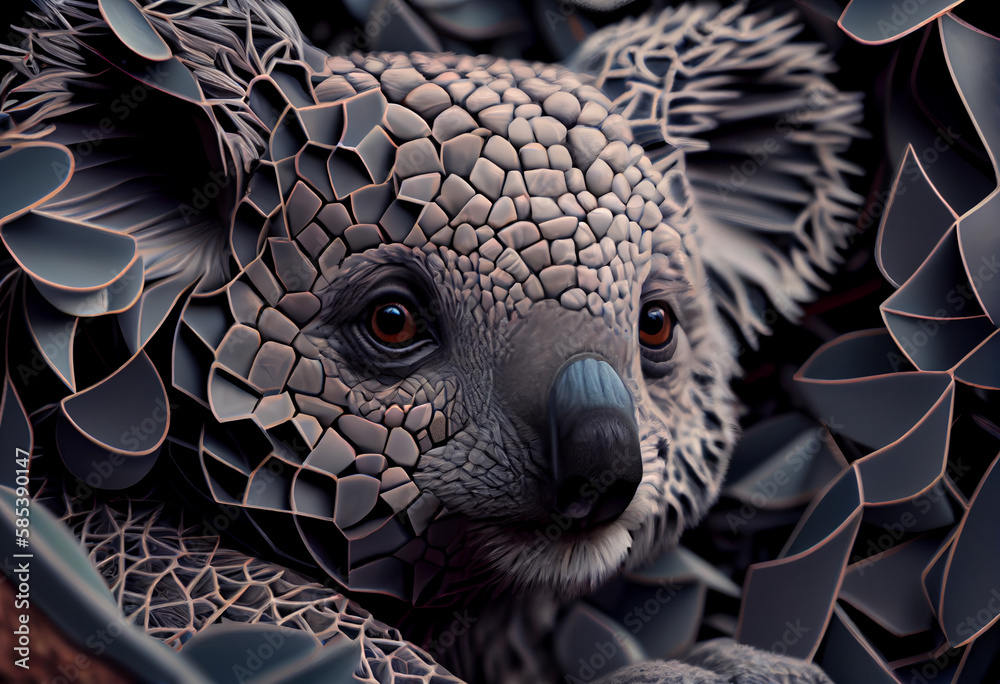 Poster A complex, multi-layered pattern of interlocking shapes that resembles a Koala  face.  Generative AI technology.

