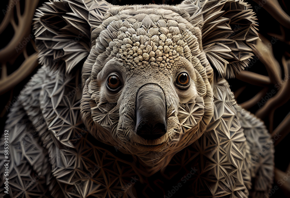 Poster A complex, multi-layered pattern of interlocking shapes that resembles a Koala  face.  Generative AI technology.
