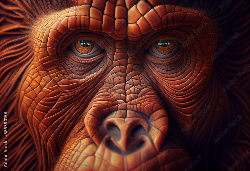 Poster A complex, multi-layered pattern of interlocking shapes that resembles a Orangutan's face. Generative AI technology.