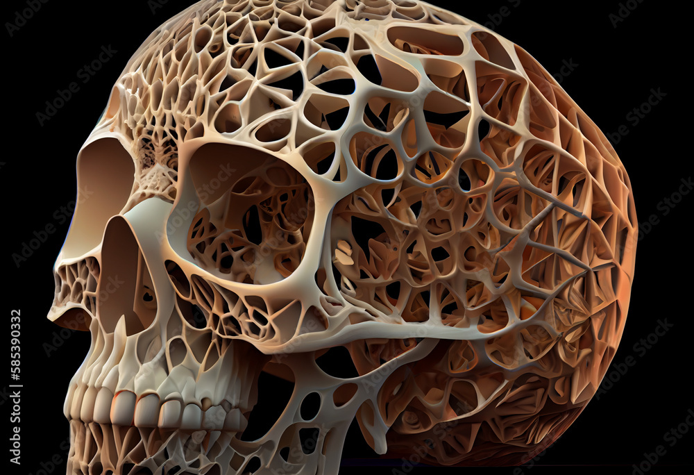 Poster A complex, multi-layered pattern of interlocking shapes that resembles a human skull.  Generative AI technology.
