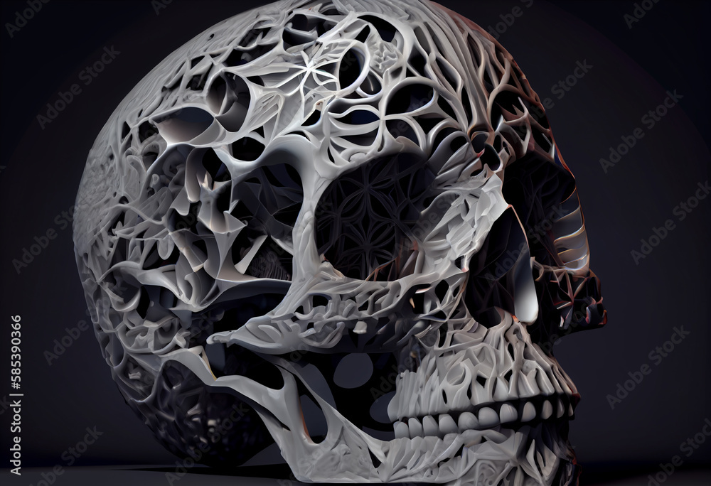 Poster A complex, multi-layered pattern of interlocking shapes that resembles a human skull.  Generative AI technology.
