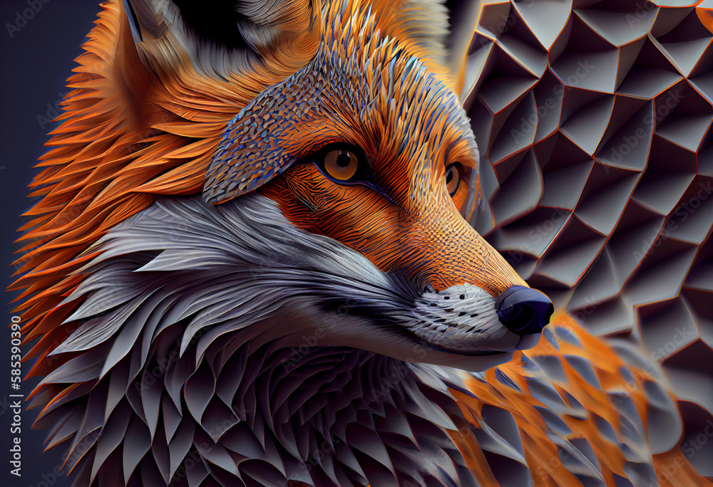 Poster A complex, multi-layered pattern of interlocking shapes that resembles a fox face.  Generative AI technology.

