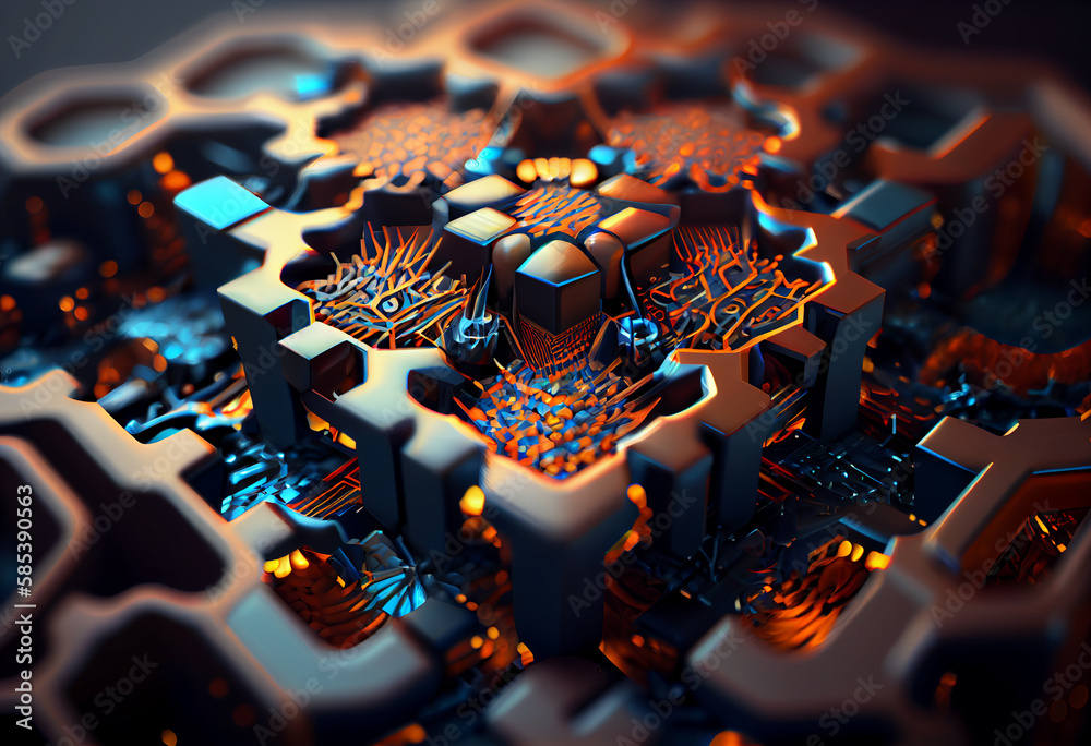 Poster A complex, multi-layered pattern of interlocking shapes that resembles a CPU.  Generative AI technology.
