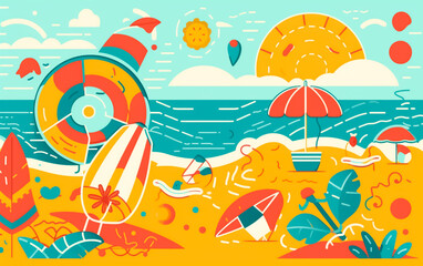 Summer patterns and wallpapers in warm light colors with shapes and objects the give off a good summer vibe. Illustrative Generative AI.