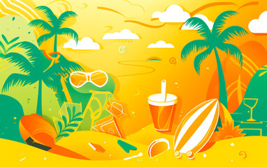 Fototapeta na wymiar Summer patterns and wallpapers in warm light colors with shapes and objects the give off a good summer vibe. Illustrative Generative AI.
