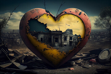 Broken yellow-blue heart of Ukraine. AI generated.