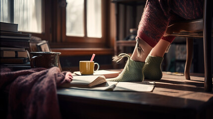 Fototapeta na wymiar Legs of young woman in warm socks on the floor at home.generative ai