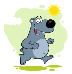 Smiling Gray Bear Cartoon Character Running. Hand Drawn Illustration Isolated On Transparent Background