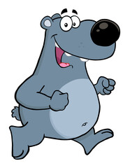 Happy Gray Bear Cartoon Character Running With Speech Bubble. Hand Drawn Illustration Isolated On Transparent Background