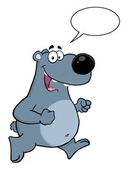 Smiling Gray Bear Cartoon Character Running With Speech Bubble. Hand Drawn Illustration Isolated On Transparent Background