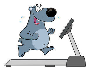 Smiling Gray Bear Cartoon Character Running On A Treadmill. Hand Drawn Illustration Isolated On Transparent Background