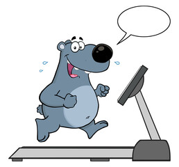 Smiling Gray Bear Cartoon Character Running On A Treadmill With Speech Bubble. Hand Drawn Illustration Isolated On Transparent Background