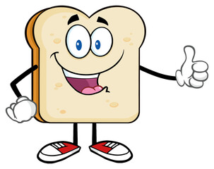 Happy Bread Slice Cartoon Mascot Character Giving A Thumb Up. Hand Drawn Illustration Isolated On Transparent Background