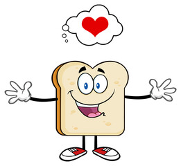 Happy Bread Slice Cartoon Character With Open Arms And A Heart. Hand Drawn Illustration Isolated On Transparent Background