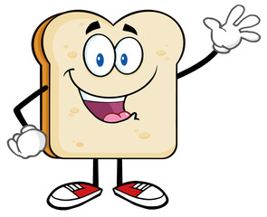 Cute Bread Slice Cartoon Character Waving For Greeting. Hand Drawn Illustration Isolated On Transparent Background