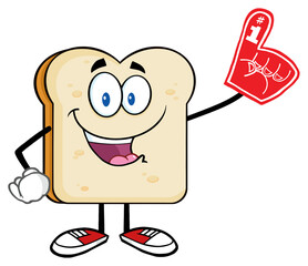 Happy Bread Slice Cartoon Mascot Character Wearing A Foam Finger. Hand Drawn Illustration Isolated On Transparent Background