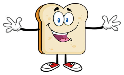 Happy Bread Slice Cartoon Character With Open Arms. Hand Drawn Illustration Isolated On Transparent Background