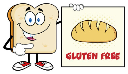 Talking Bread Slice Cartoon Mascot Character Pointing To A Sign Gluten Free. Hand Drawn Illustration Isolated On Transparent Background