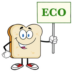 Smiling Bread Slice Cartoon Mascot Character Holding A Sign With Text Eco. Hand Drawn Illustration Isolated On Transparent Background