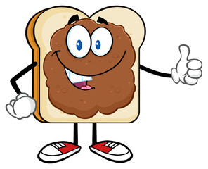Smiling Bread Slice Cartoon Character With Peanut Butter Giving A Thumb Up. Hand Drawn Illustration Isolated On Transparent Background