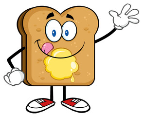 Happy Toast Bread Cartoon Character Licking His Lips With Butter Waving. Hand Drawn Illustration Isolated On Transparent Background