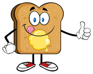 Toast Bread Slice Cartoon Character Licking His Lips With Giving A Thumb Up. Hand Drawn Illustration Isolated On Transparent Background