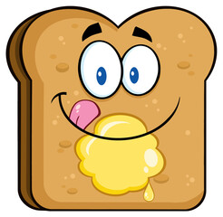 Happy Toast Bread Slice Cartoon Character Licking His Lips With Butter. Hand Drawn Illustration Isolated On Transparent Background