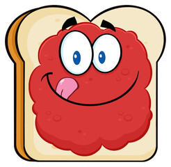 Toast Bread Slice Cartoon Character Licking His Lips With Jam. Hand Drawn Illustration Isolated On Transparent Background