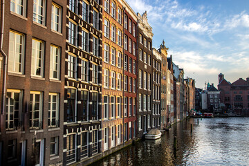 Dutch houses and canals on the street of Amsterdam