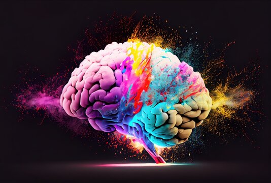 Creativity colorful brain exploding with powerful multicolor by powder coating color. Digital art illustration. Deep learning and mind blown concept. Generative AI