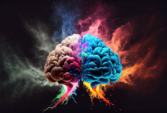 Creativity colorful brain exploding with powerful multicolor by powder coating color. Digital art illustration. Deep learning and mind blown concept. Generative AI