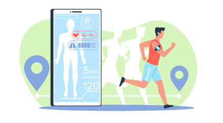 Athletic male athlete runs using an app on modern cell phone. Smartphone fitness application. Man with pulse tracker. Cartoon flat illustration. Vector healthy active lifestyle concept
