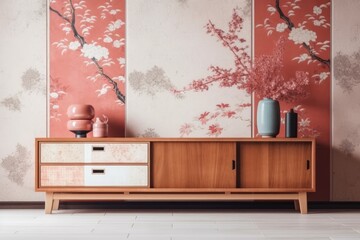 White and red Japanese living room. Wooden dresser with wall mockup. Marble floor, wallpaper. Modern decor,. Generative AI