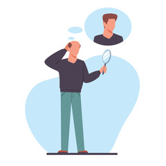 Bald man looks in mirror at his head and dreams of having big head of hair. Adult and old male people problems. Transplantation procedure. Cartoon flat character. Vector hairstyle concept
