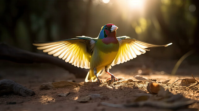 A Gouldian Finch bird landing, in morning light