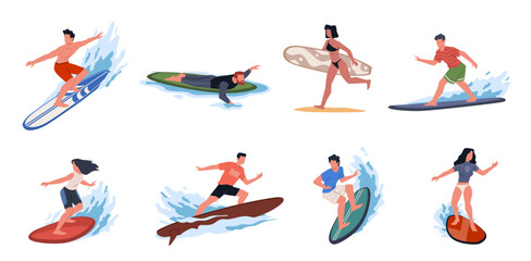 Cartoon happy surfers. Guys and girls ride boards on ocean and sea waves, beach sport people, extreme water activities, summer tropical resort leisure time, , nowaday vector characters set