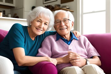 Obraz premium Portrait of a happy elderly couple in a modern living room interior. Concept of active age. Generative AI