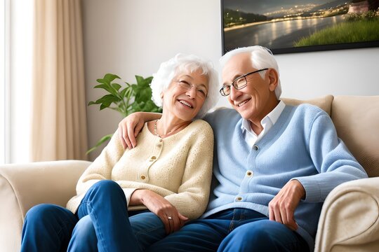 Portrait of a happy elderly couple in a modern living room interior. Concept of active age. Generative AI