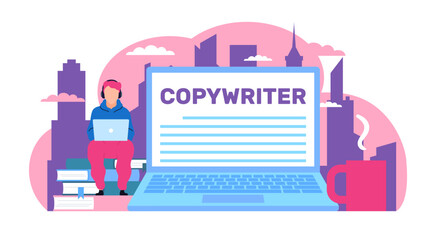 Copywriter working with laptop writing articles for blog. Huge computer and tiny man, modern freelance character. Creative profession. Cartoon flat style isolated illustration. Vector concept