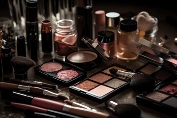 Makeup collection closeup, created with generative AI